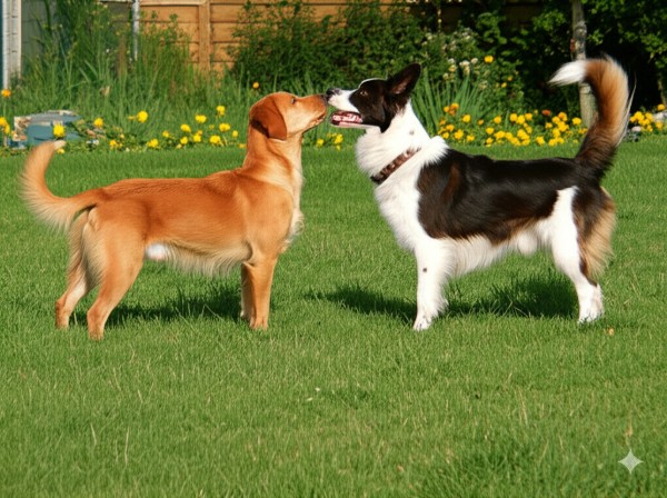 Group of dogs playing together during socialization training