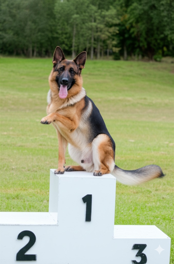 Dog trained to balance on pedestal showing advanced obedience skills